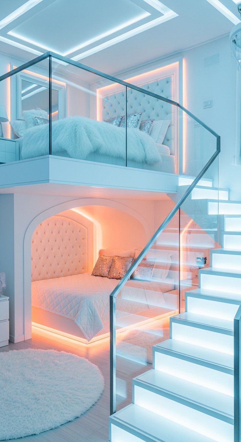 Chambre a coucher luxe futuriste en duplex avec eclairage LED et escalier lumineux