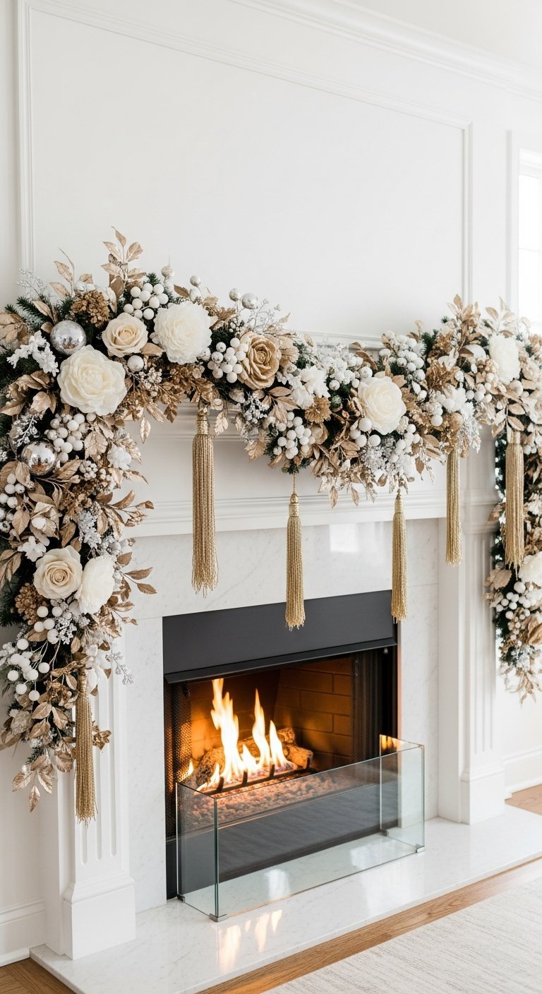 Cheminee blanche avec guirlande de roses or et blanc et pompons dores