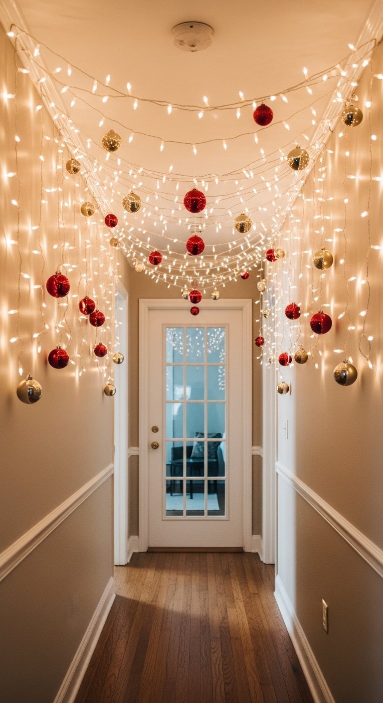 Couloir décoré avec un plafond de guirlandes lumineuses et boules de Noel