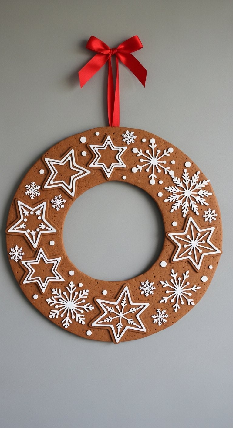 Couronne de Noel moderne en biscuit pain d epice avec glacage blanc en forme de flocons