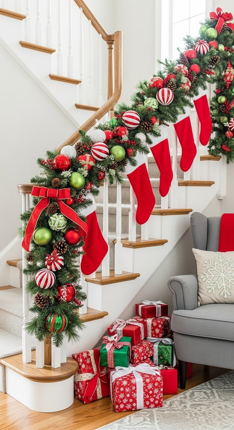 Décoration escalier noël traditionnelle avec chaussettes rouges et boules vertes