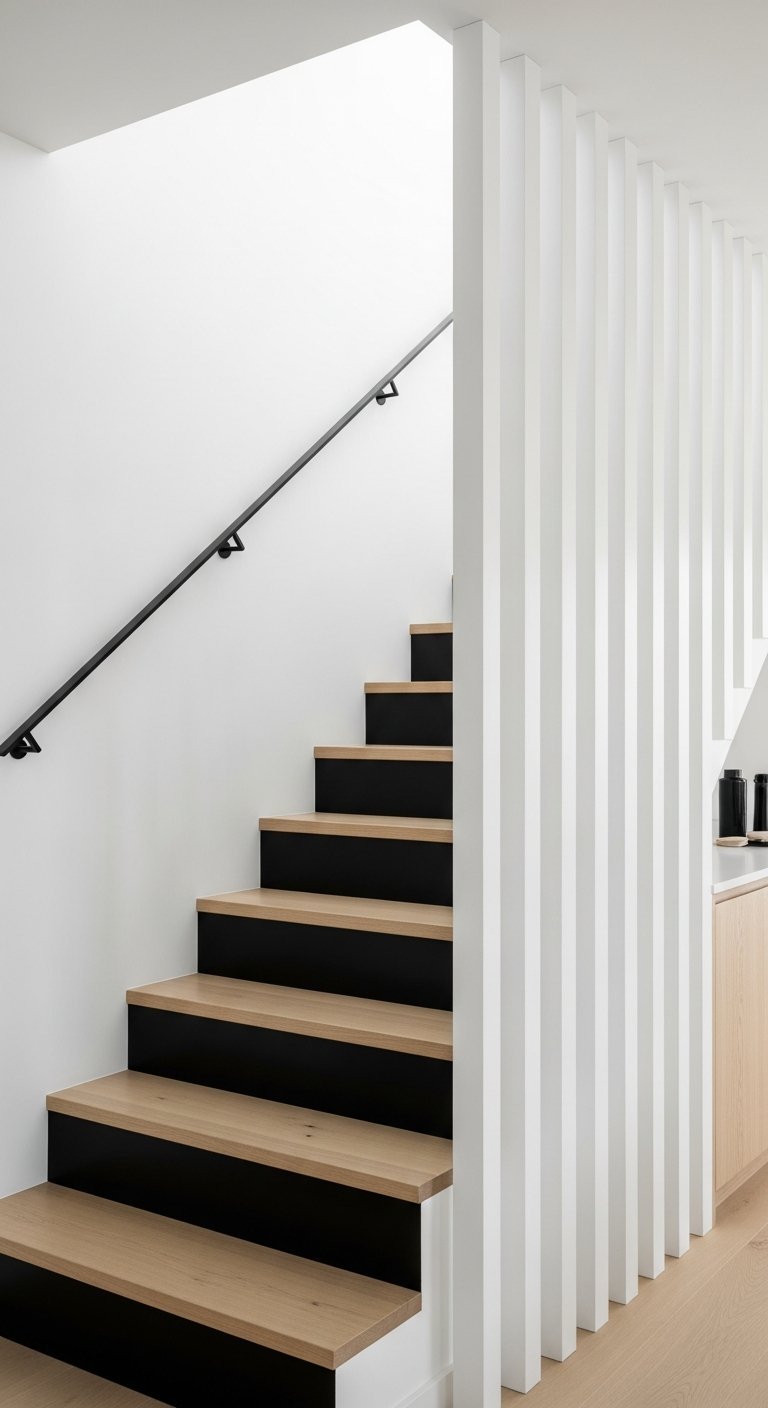 Escalier moderne avec contremarches noires marches en bois et claustra blanc vertical