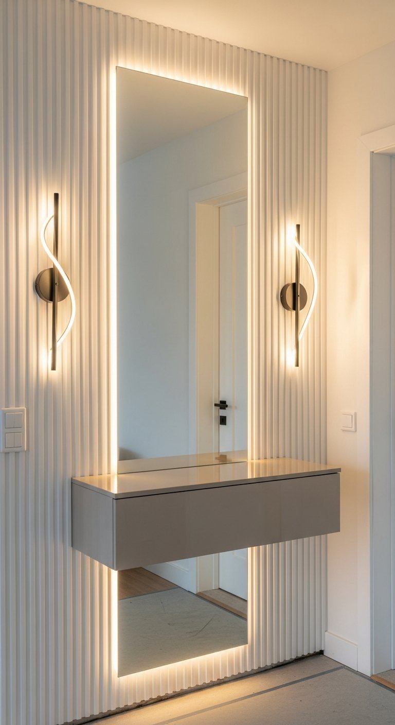 Miroir vertical avec éclairage LED intégré sur un mur cannelé blanc