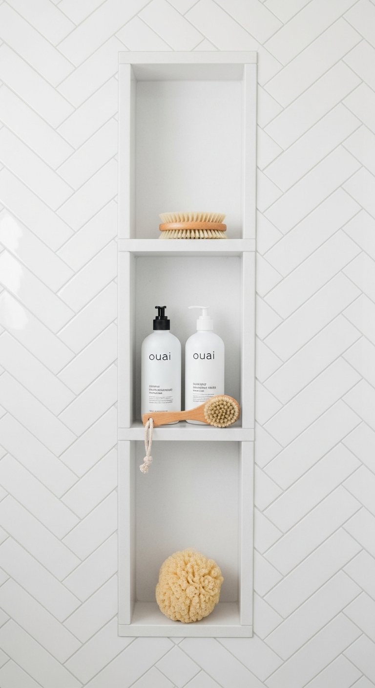 Niche de douche verticale blanche avec etageres integrees sur carrelage chevron