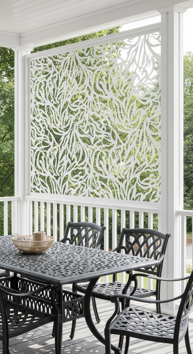 Panneau brise vue decoratif blanc decoupe au laser sur une terrasse avec table en metal noir