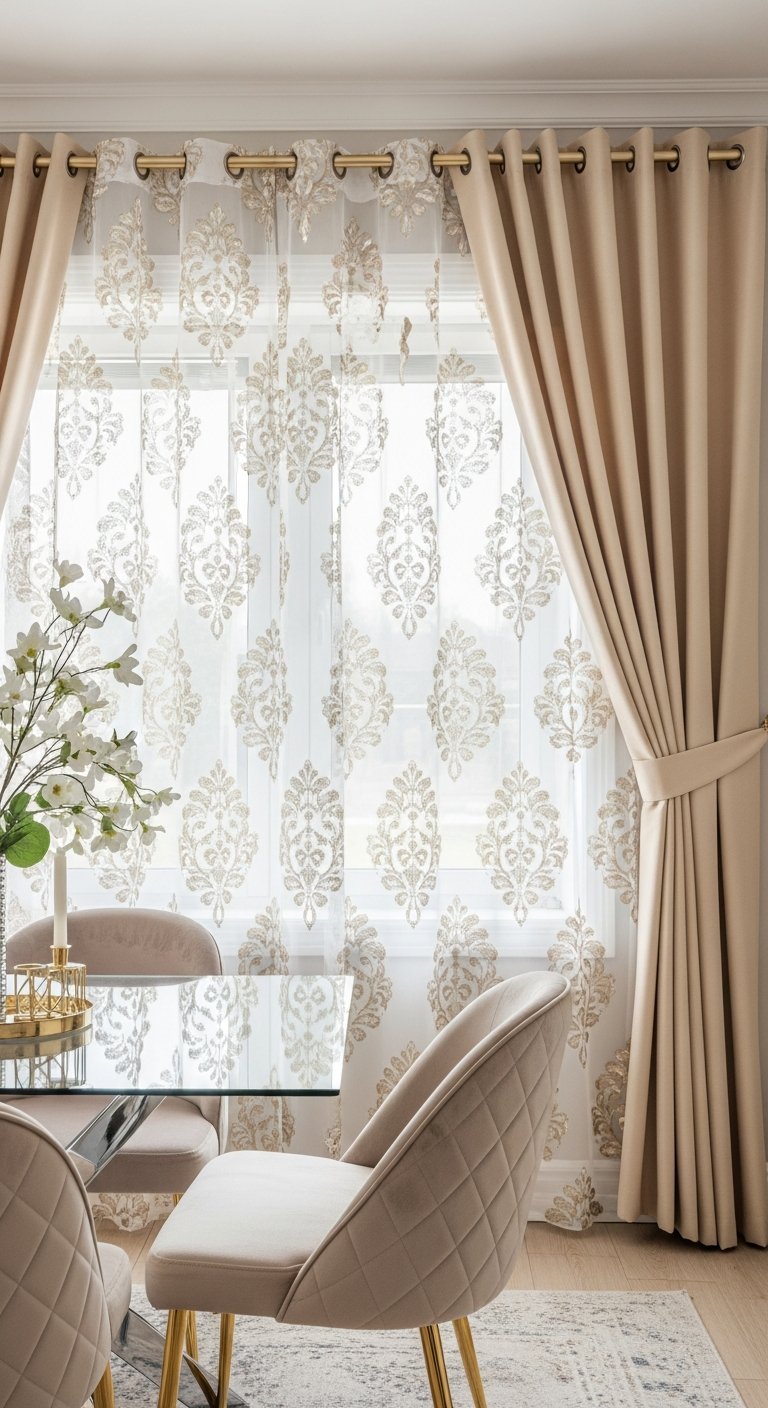 Rideaux de salon beiges superposes a un voilage a motifs dores