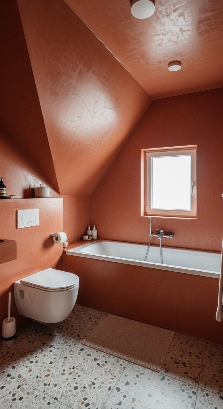 Salle de bain sous pente en beton cire terracotta et sol terrazzo