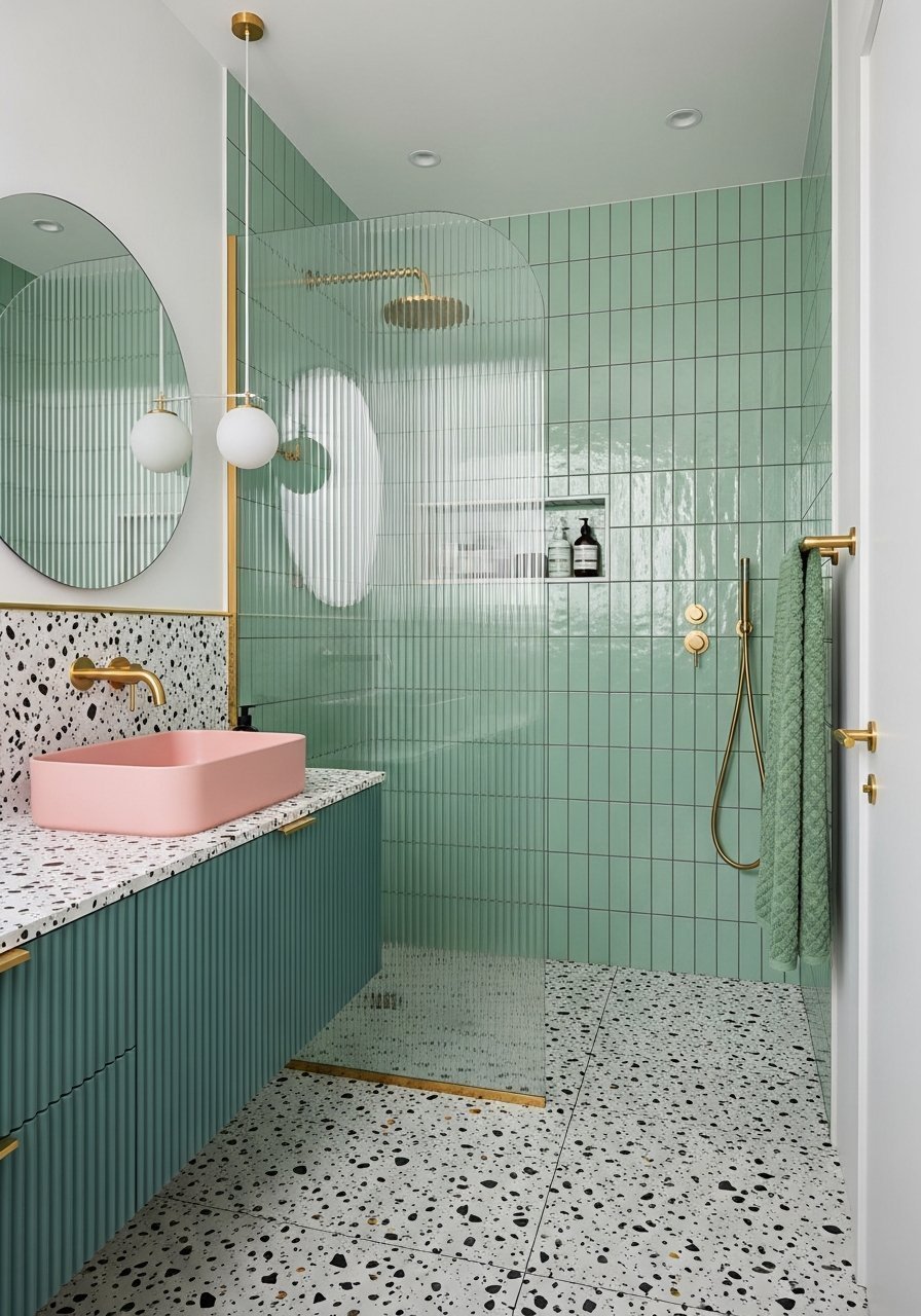 Salle de bain vert et rose