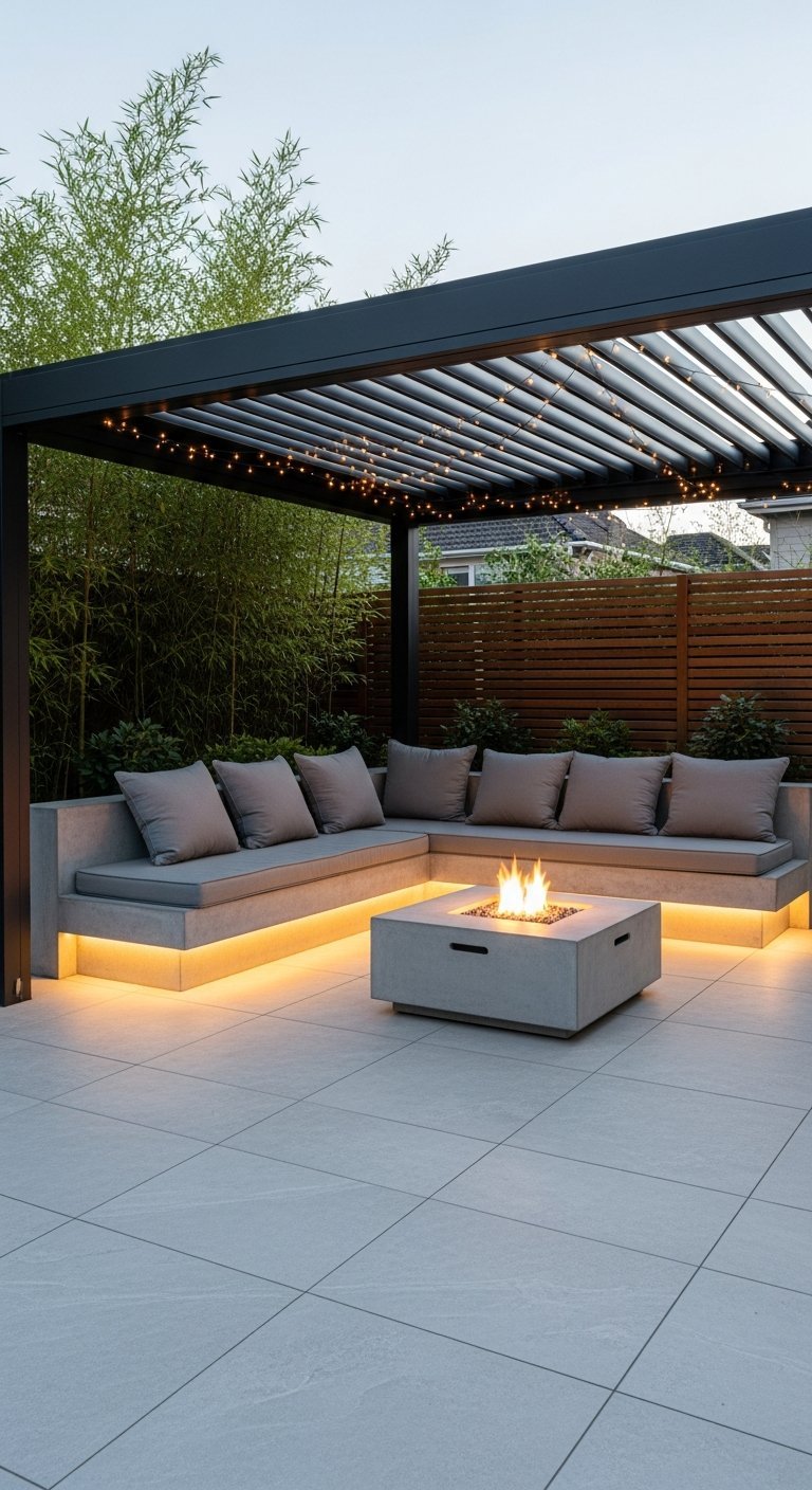 Structure de véranda moderne avec banquette en béton et brasero