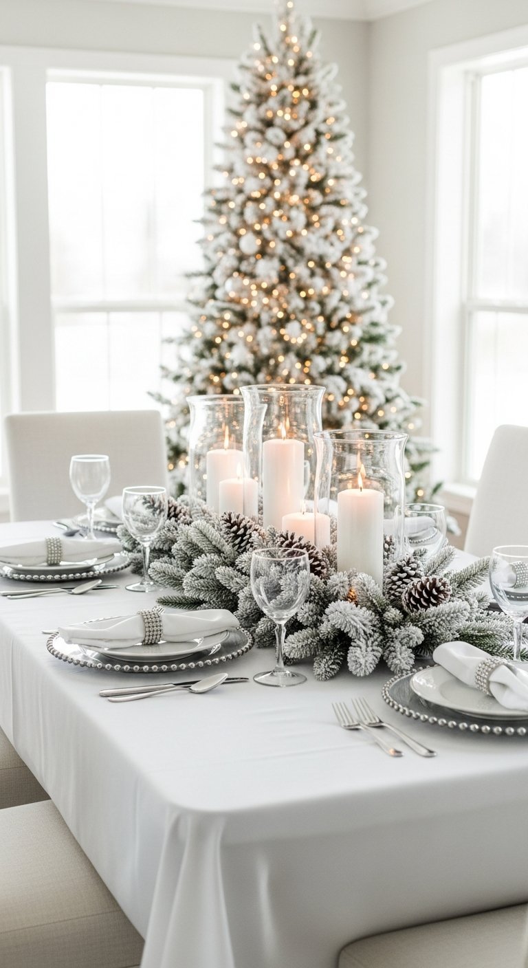 Table de Noel blanche avec guirlande floquee et bougies dans des vases