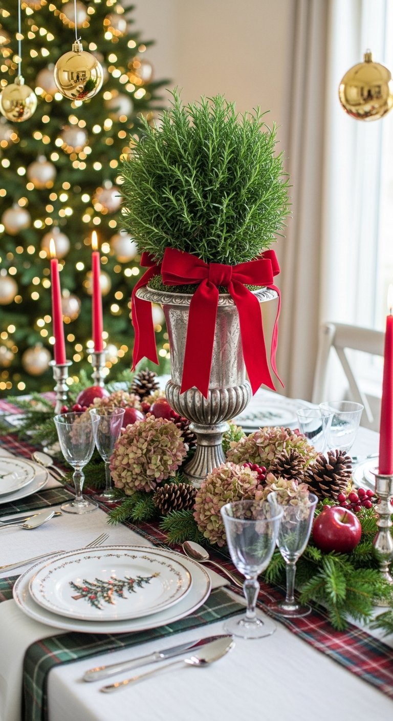 Table de noel traditionnelle avec centre de table en urne argentee