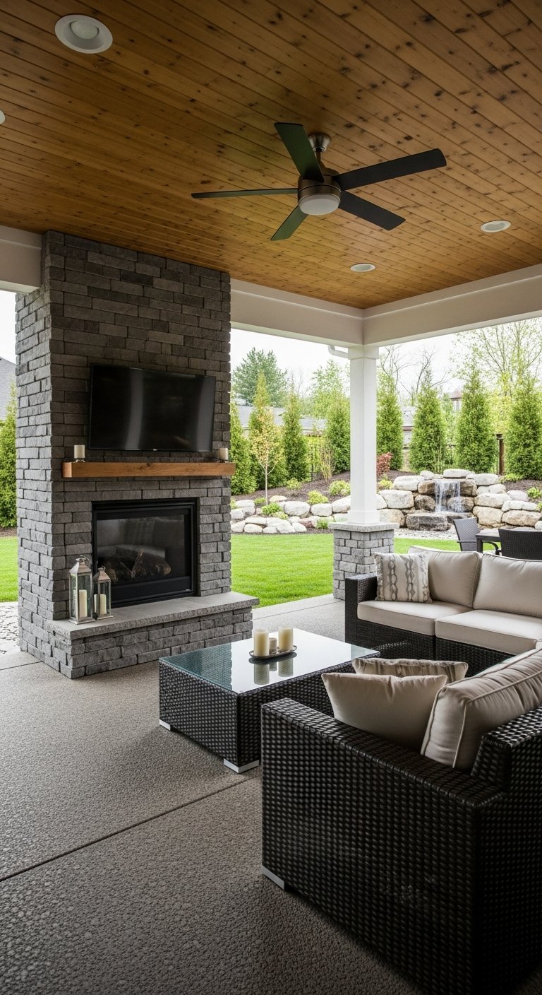 Terrasse couverte avec grande cheminée en pierre et canapé sectionnel gris