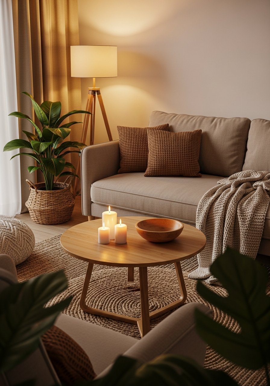 salon beige minimaliste bougies