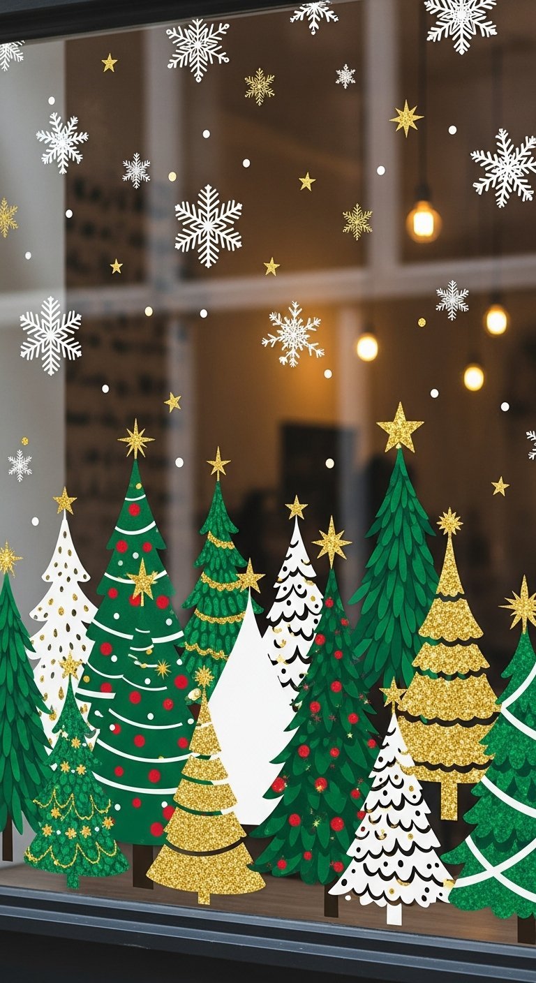 Autocollants de fenêtre formant une forêt de sapins verts et dorés