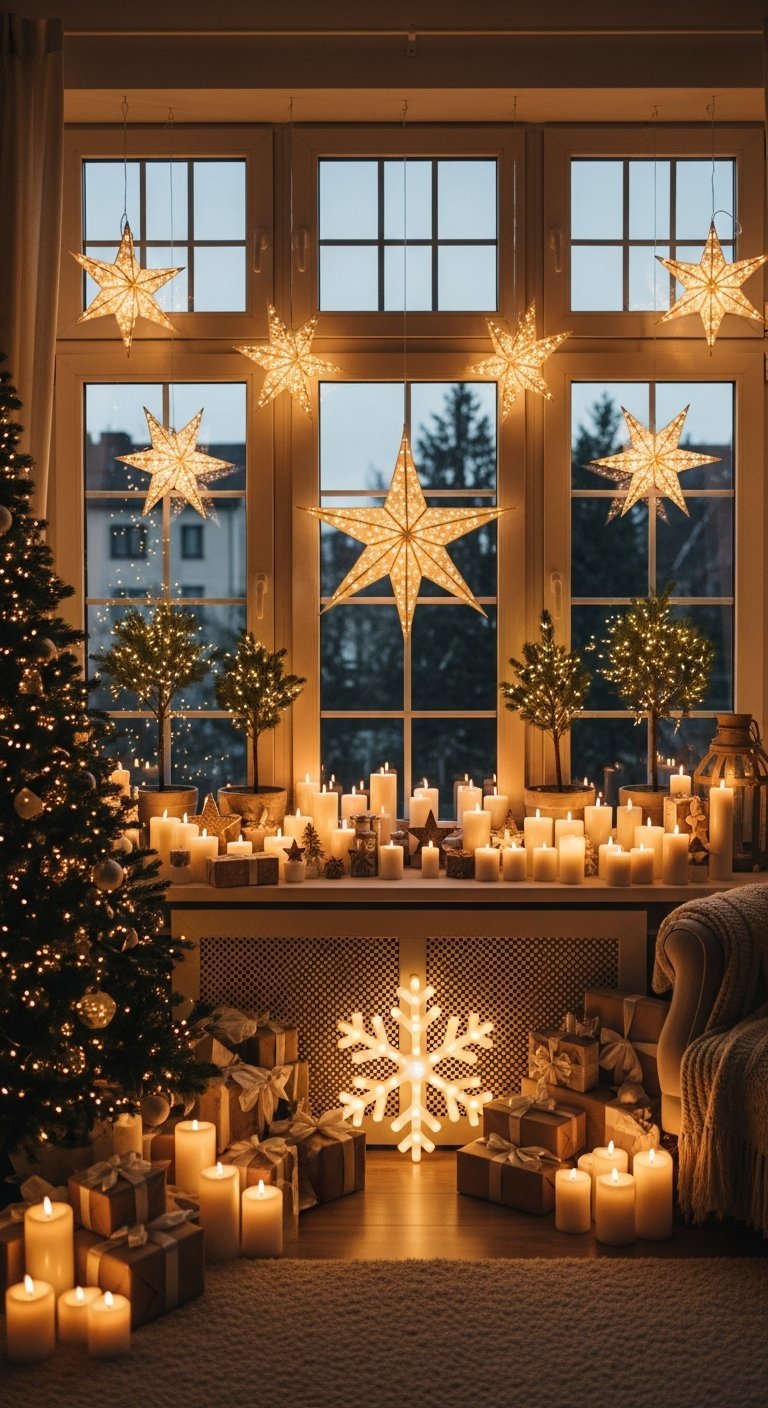 Fenêtre de Noël avec abondance d étoiles lumineuses et de bougies