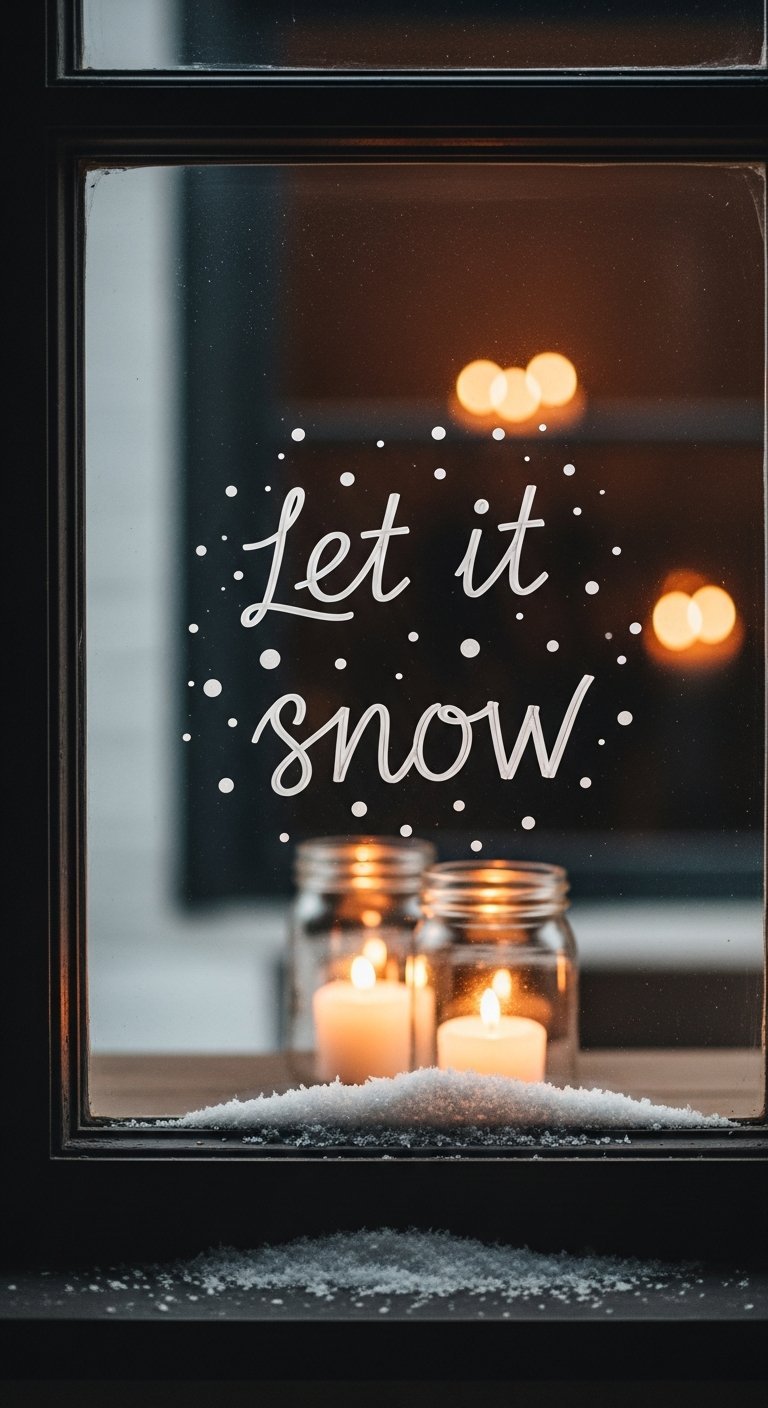 Inscription Let it snow au feutre blanc sur une vitre avec bougies