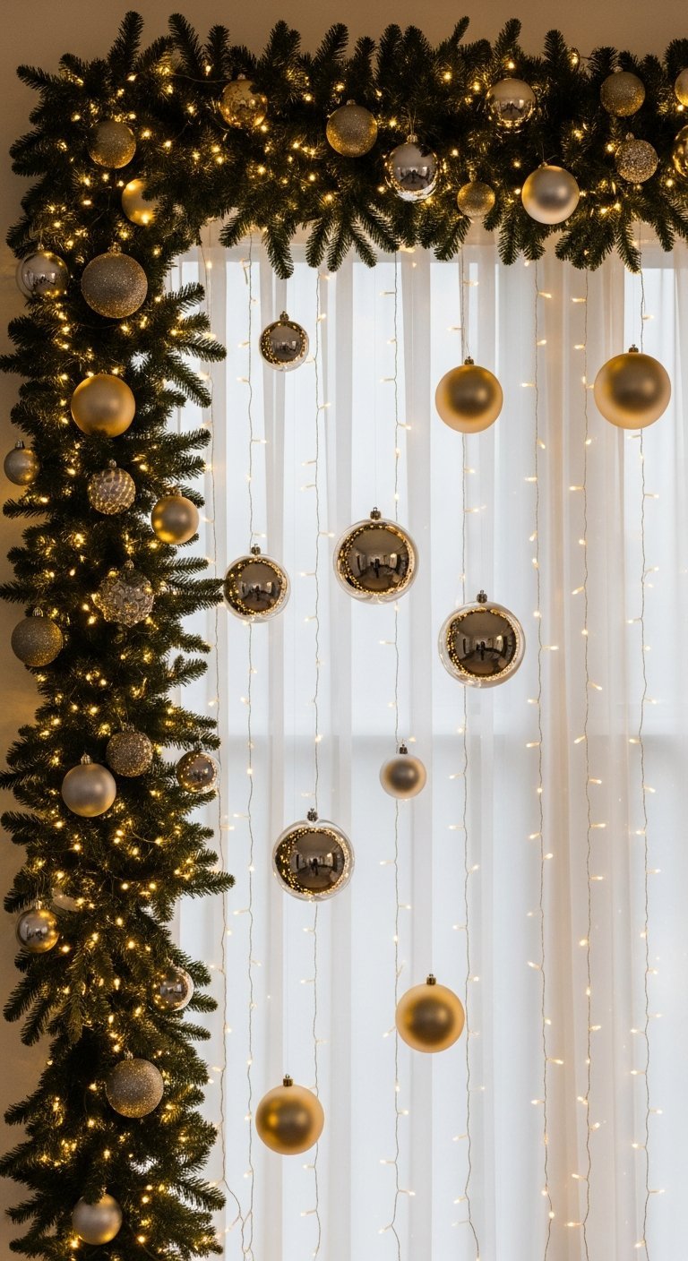 Guirlande de sapin avec rideau de lumières et boules de Noël suspendues