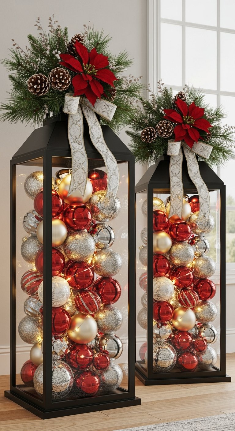 Grandes lanternes noires remplies de boules de Noël et lumières