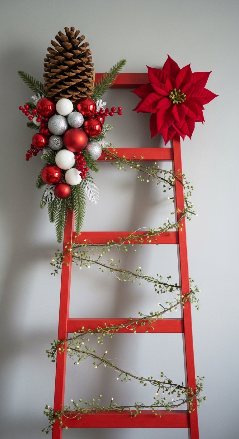 Escabeau noir décoré avec chaussettes de Noël et pancarte