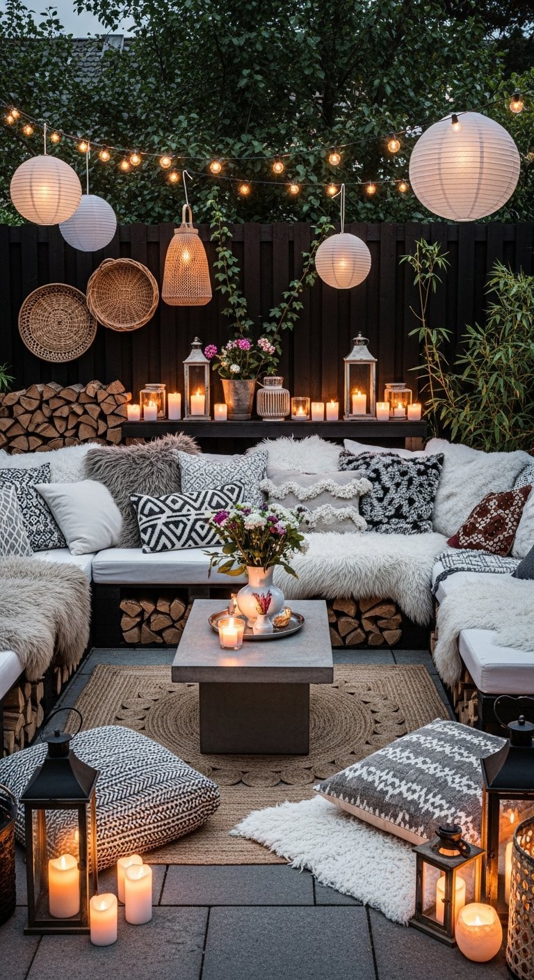 Ambiance de terrasse nocturne avec banquette bougies et plaids en fausse fourrure