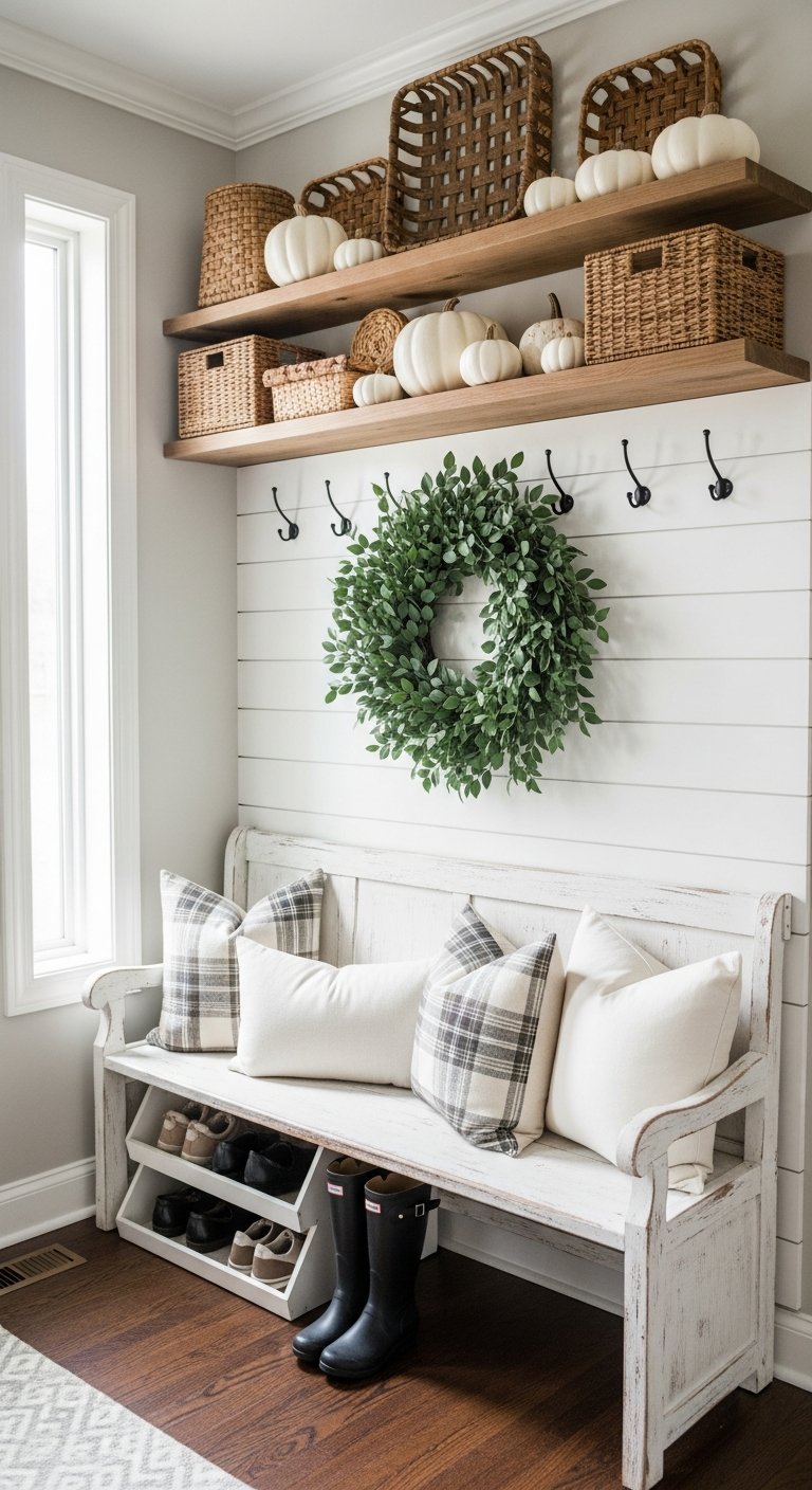 Banc blanc patine avec rangement chaussures et etageres murales