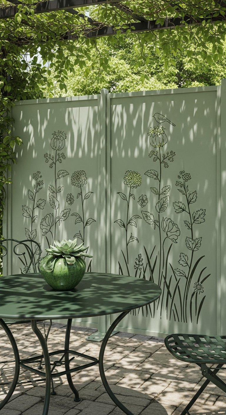 Brise vue terrasse en metal vert pastel avec motifs floraux graves