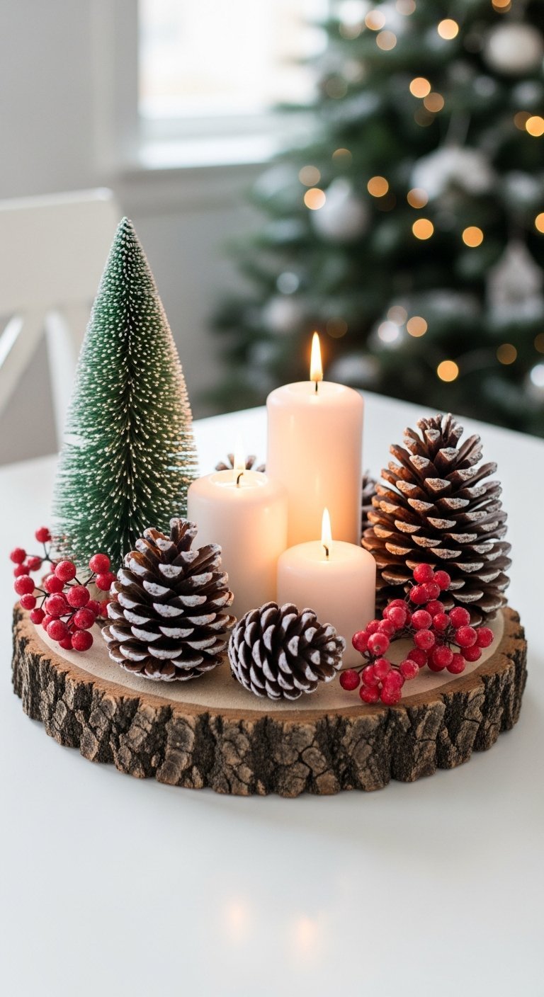 Centre de table noel naturel sur rondin de bois avec bougies