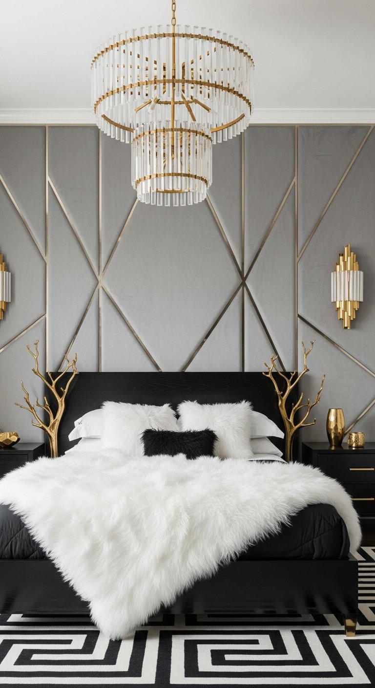 Chambre luxe Art Deco avec mur geometrique gris et or et lustre en cristal