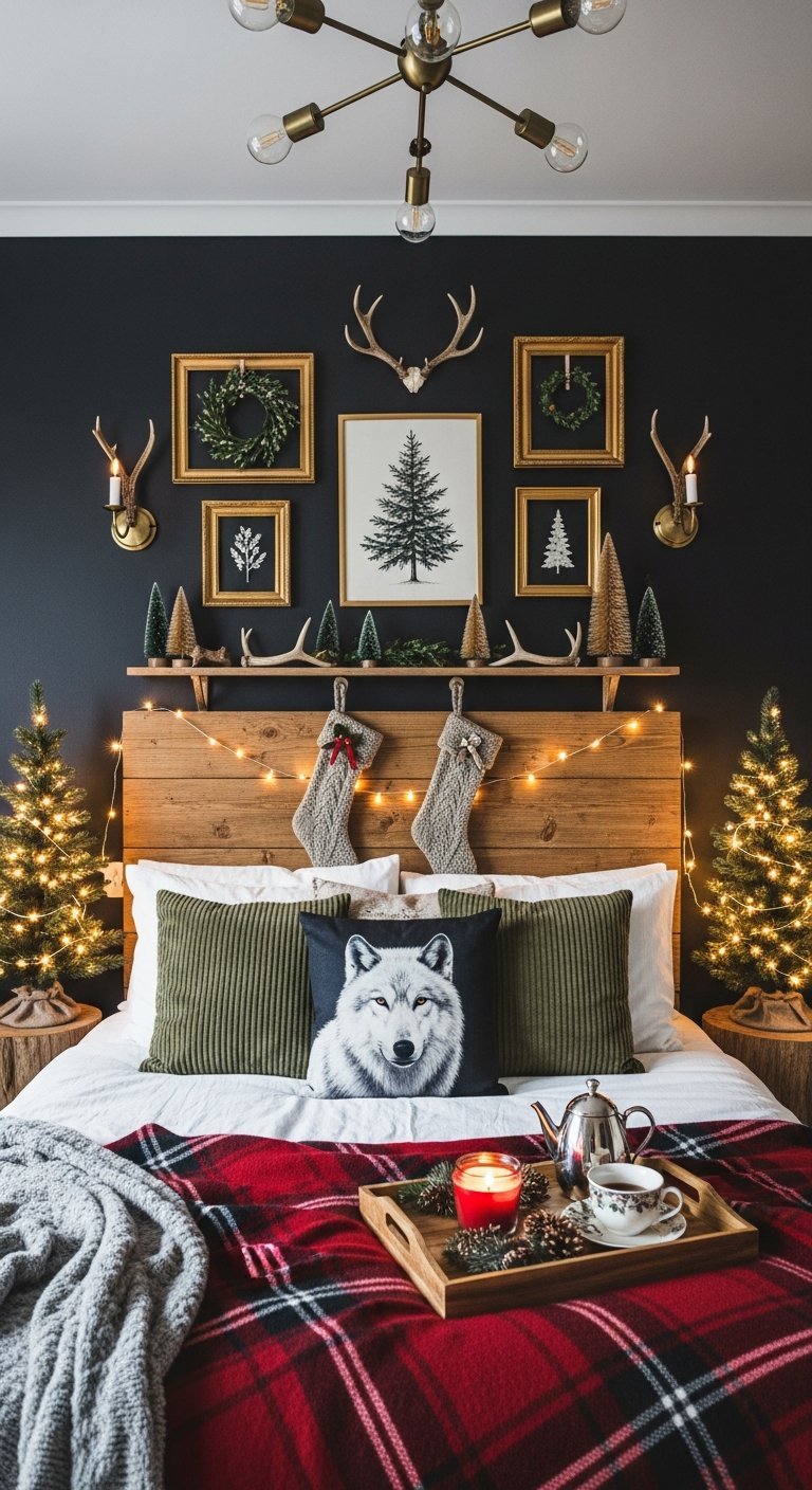 Chambre rustique avec mur sombre et décorations de Noël incluant plaid écossais et mini sapins