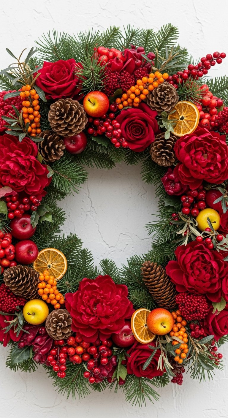 Couronne de Noel moderne et dense avec roses rouges pommes de pin et tranches d oranges