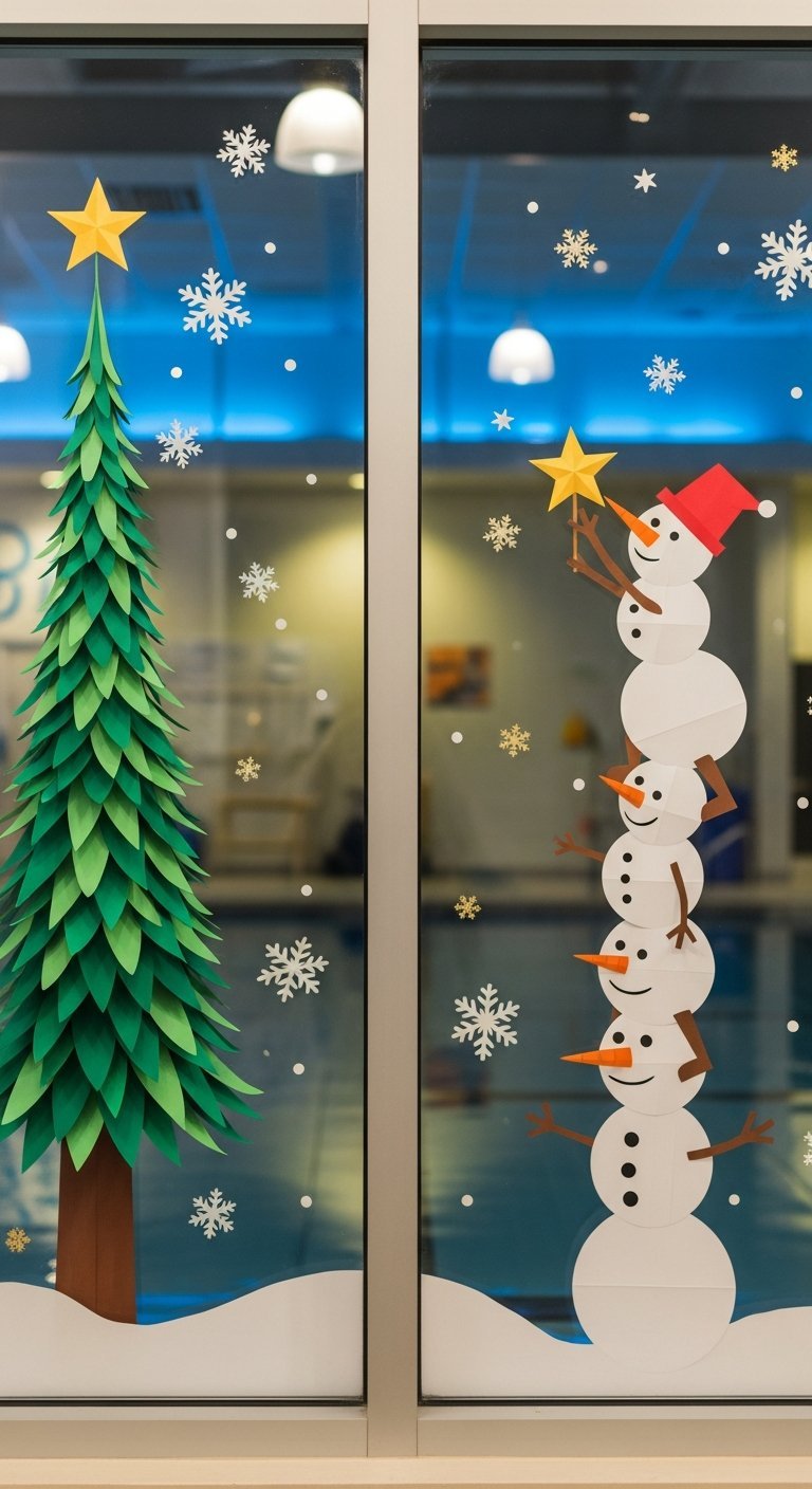 Décoration de fenêtre Noël en papier avec sapin et bonshommes de neige