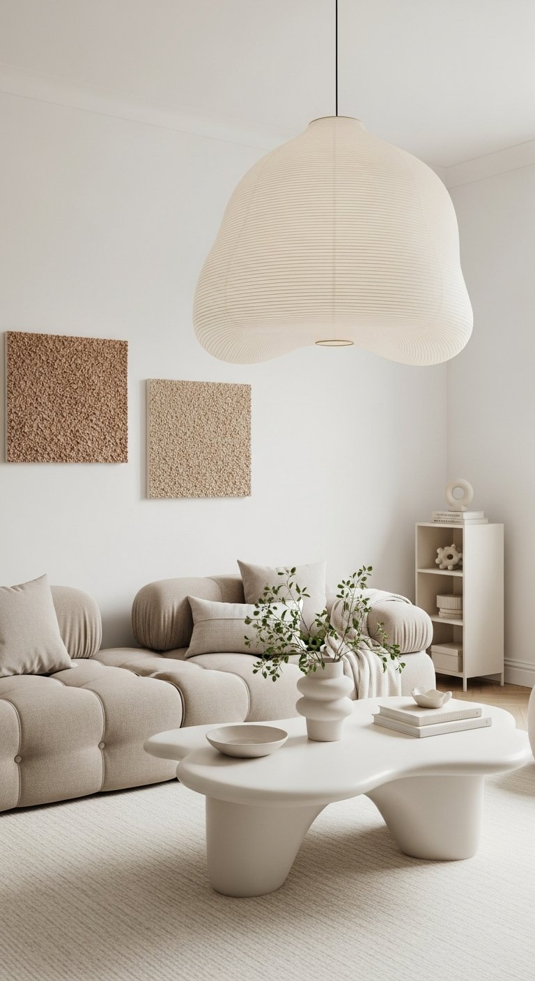 Décoration japandi avec suspension papier et tableaux texturés