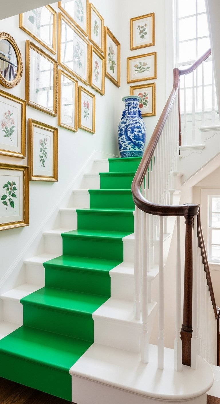 Escalier blanc avec un chemin peint en vert vif et un mur galerie de cadres dorés