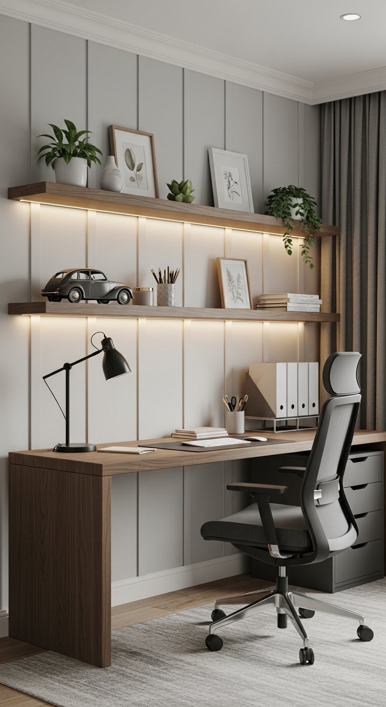 Long bureau de travail à la maison mural bois avec led