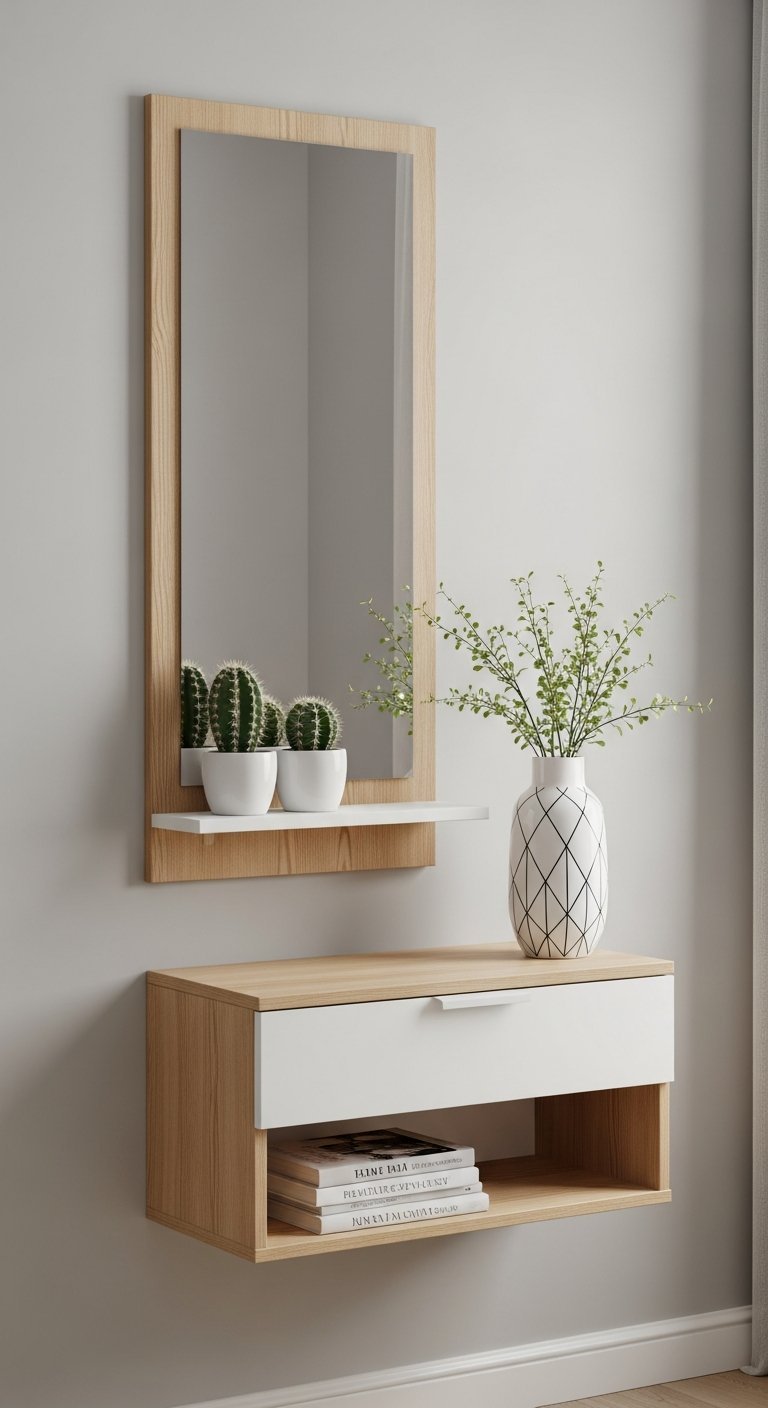 Miroir rectangulaire cadre bois avec console suspendue blanche et bois