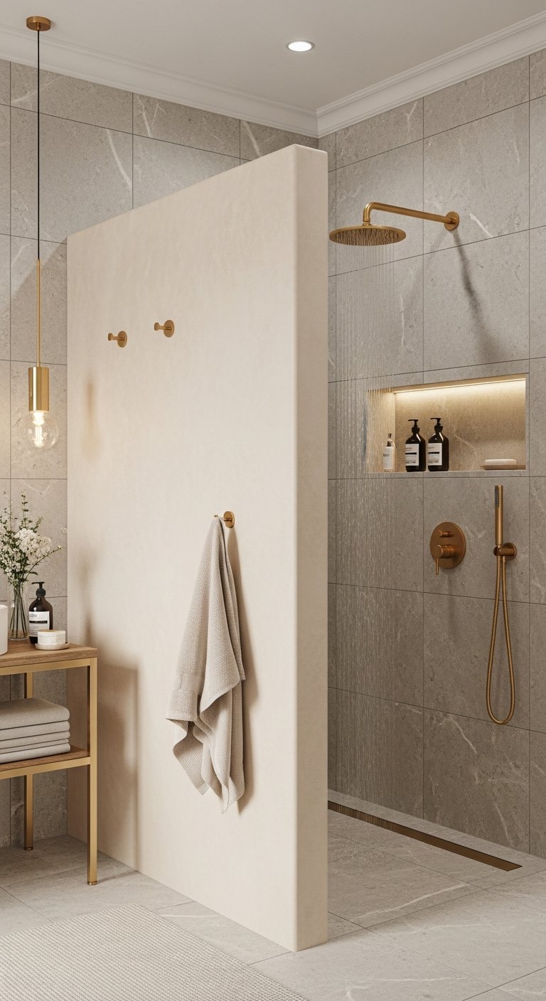 Mur separation en beton cire beige avec douche et robinetterie doree