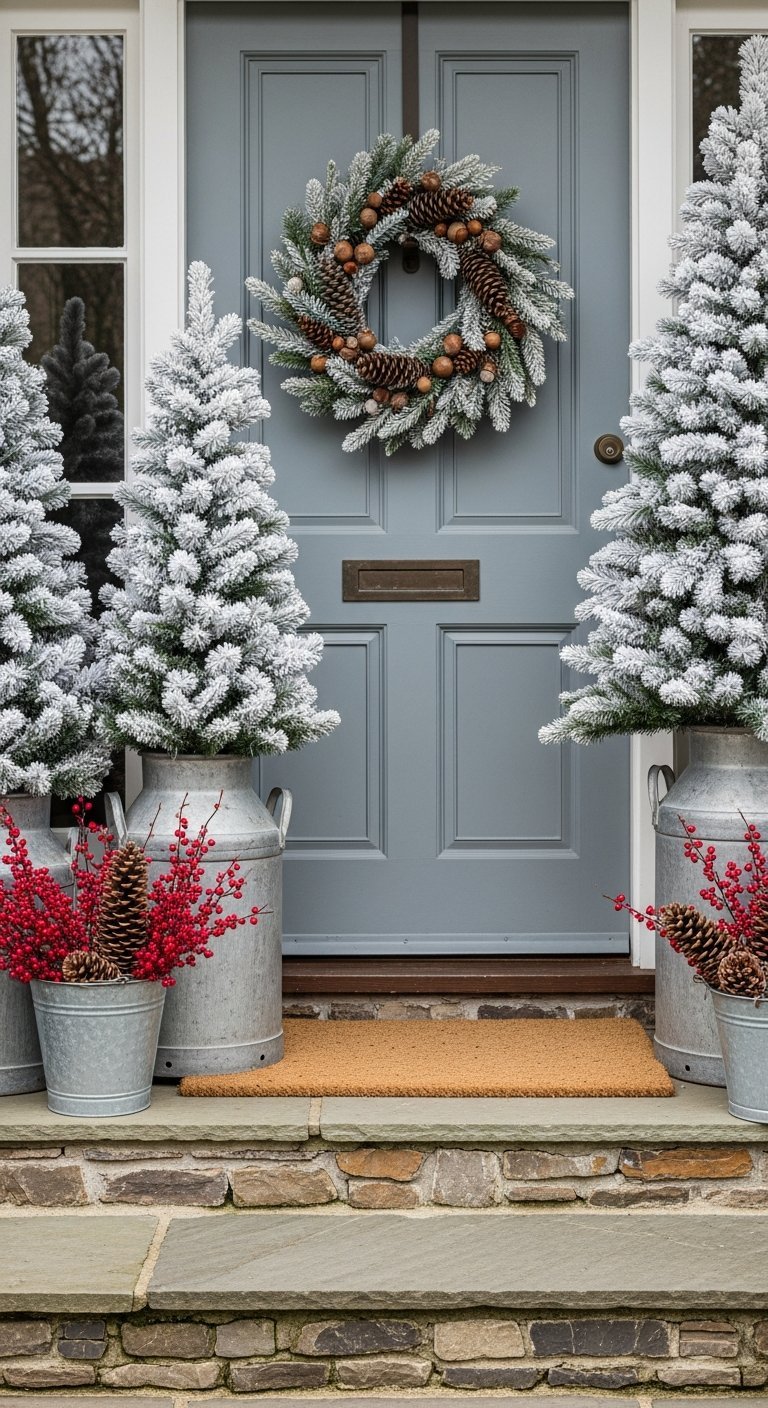 Porte bleue avec sapins floqués dans des bidons de lait