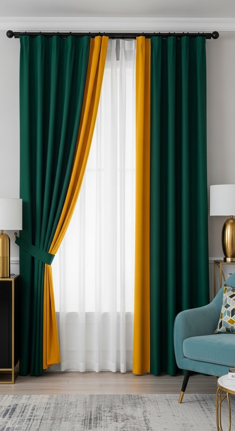 Rideaux de salon bicolores vert fonce et jaune moutarde