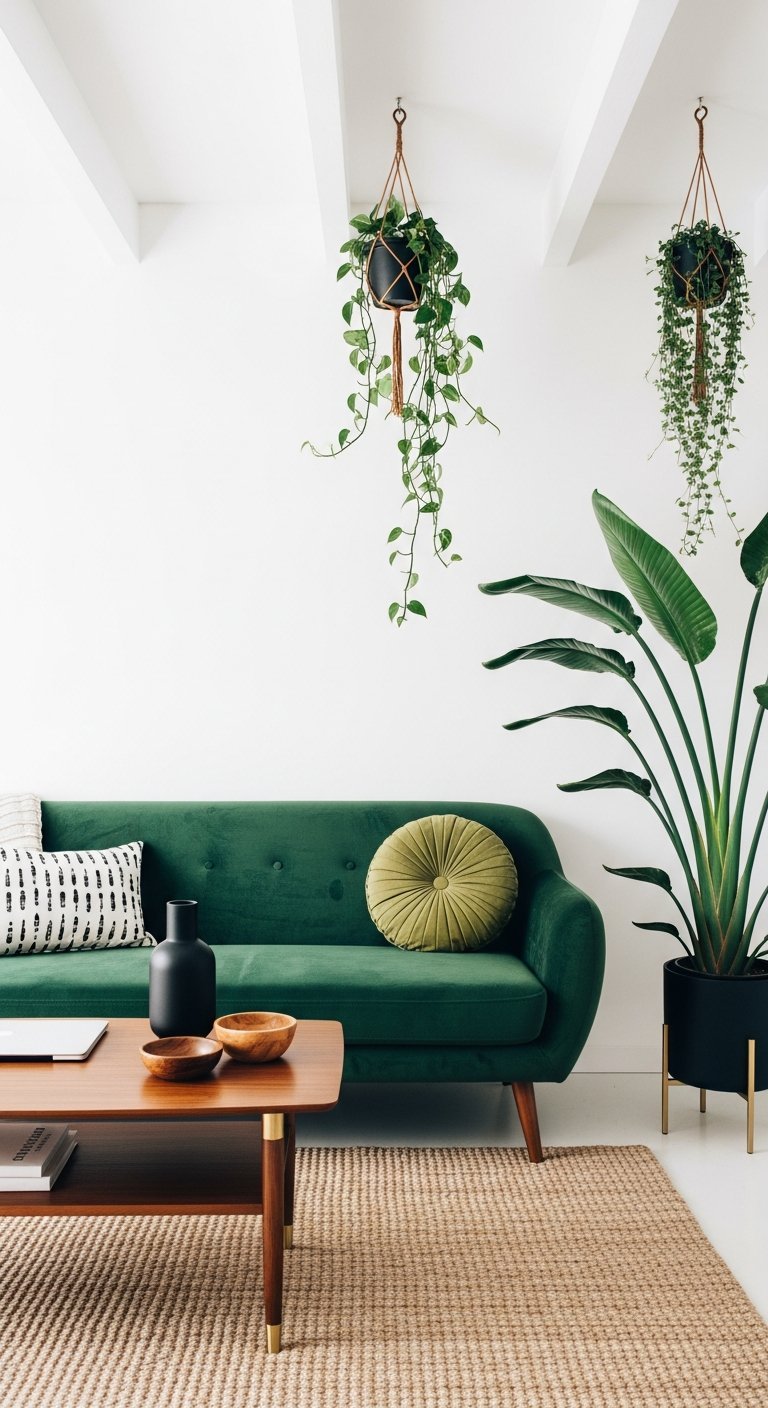 Salon minimaliste avec murs blancs canape vert foret et mobilier mid century