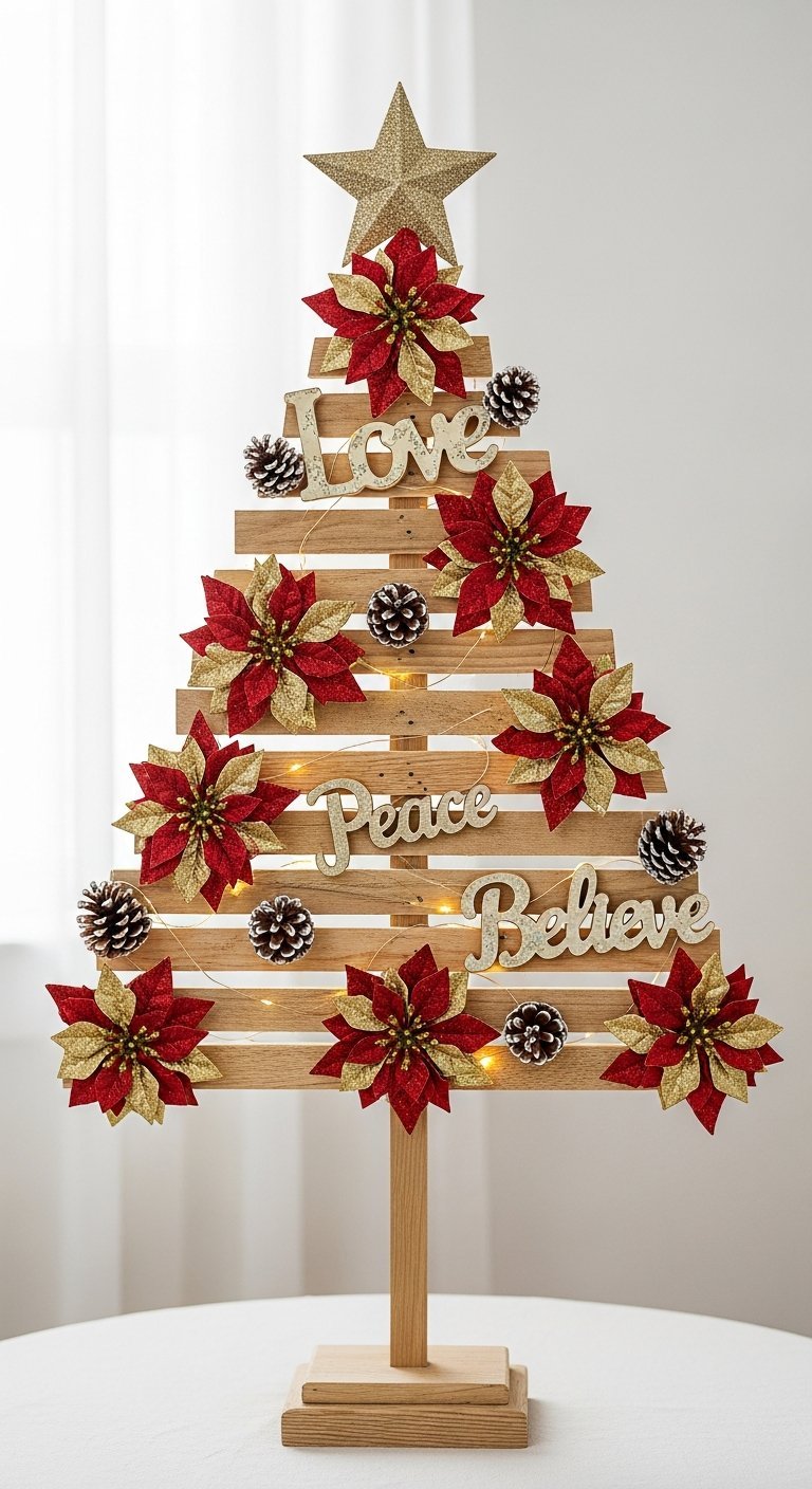 Sapin de Noël DIY en bois de palette avec poinsettias rouges