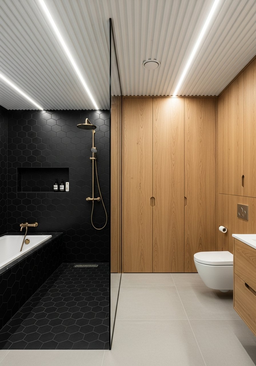 Sol hexagonal noir plafond poutres blanches