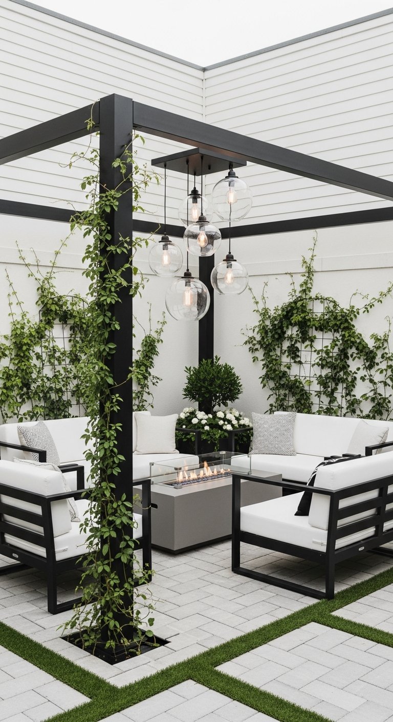 Structure de véranda noire avec salon de jardin blanc et brasero