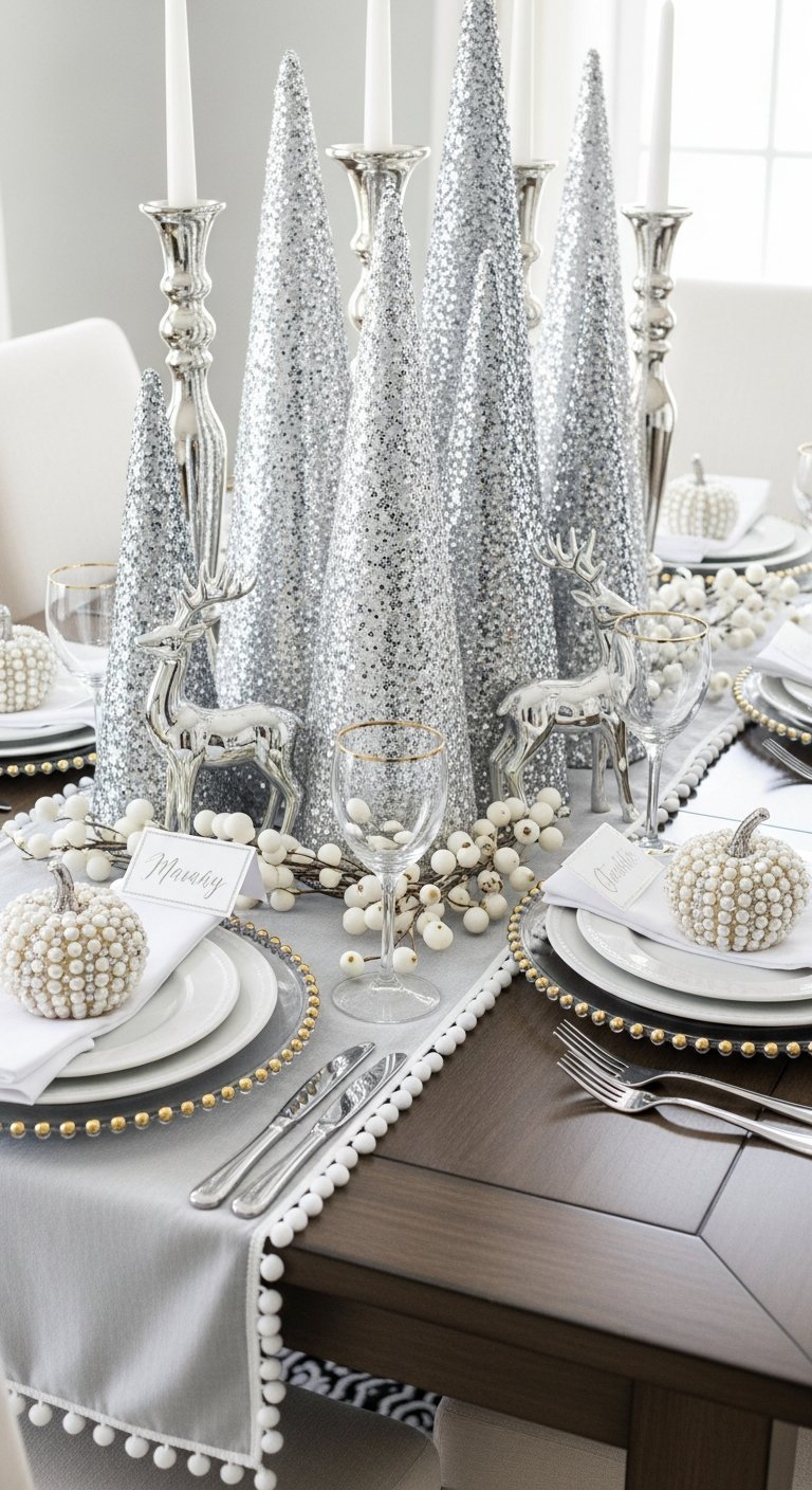 Table de Noel blanche et argentee avec sapins scintillants et rennes