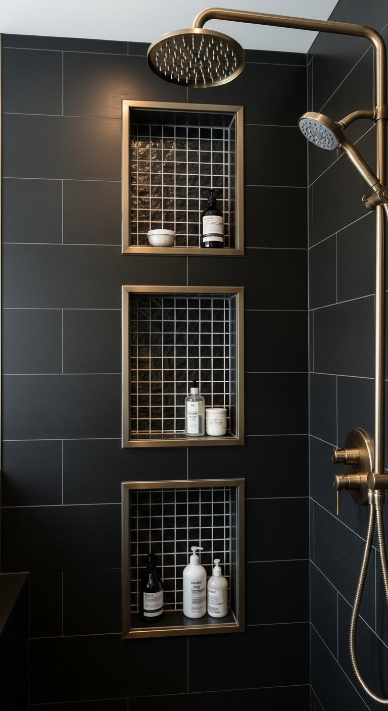 Trois niches de douche carrees avec cadres dores sur carrelage noir