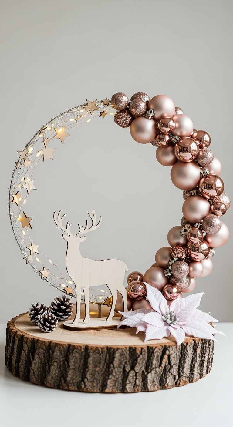 Étagères en bois forme étoile remplies de boules de Noël cuivrées