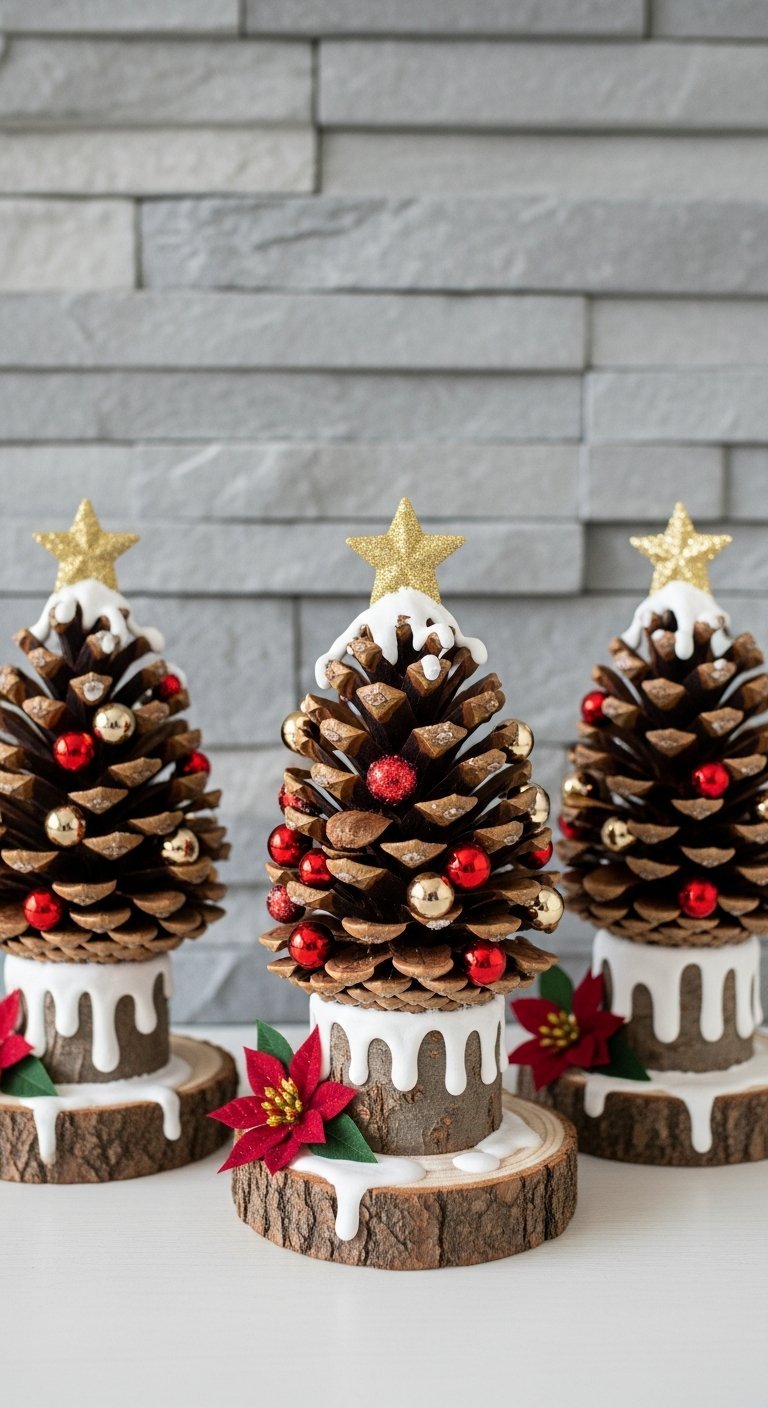 Mini sapins DIY faits de pommes de pin avec fausse neige