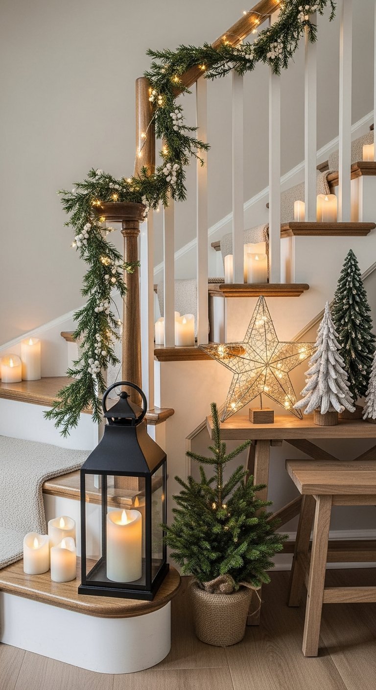 Ambiance escalier noël scandinave avec lanterne et étoile lumineuse