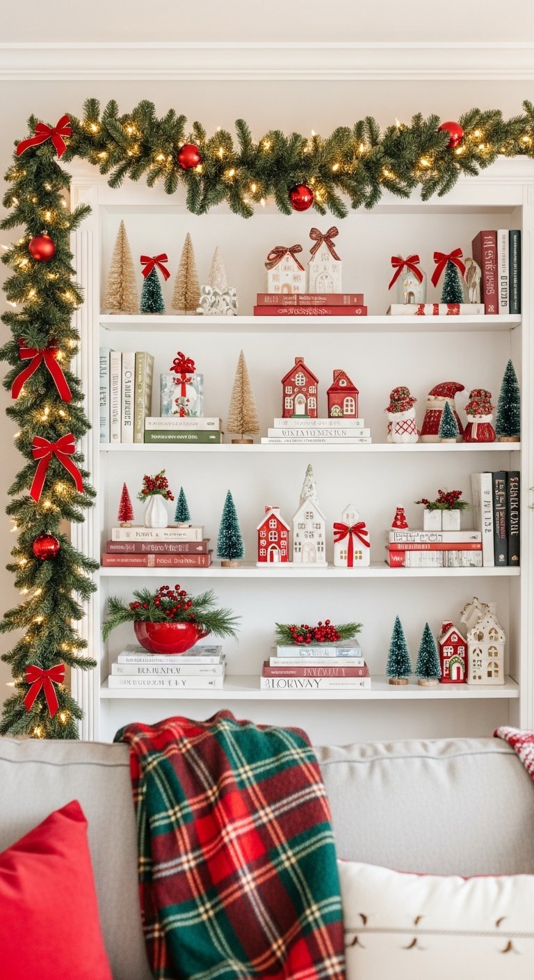 Bibliothèque blanche décorée pour Noël avec des guirlandes lumineuses et des maisons miniatures