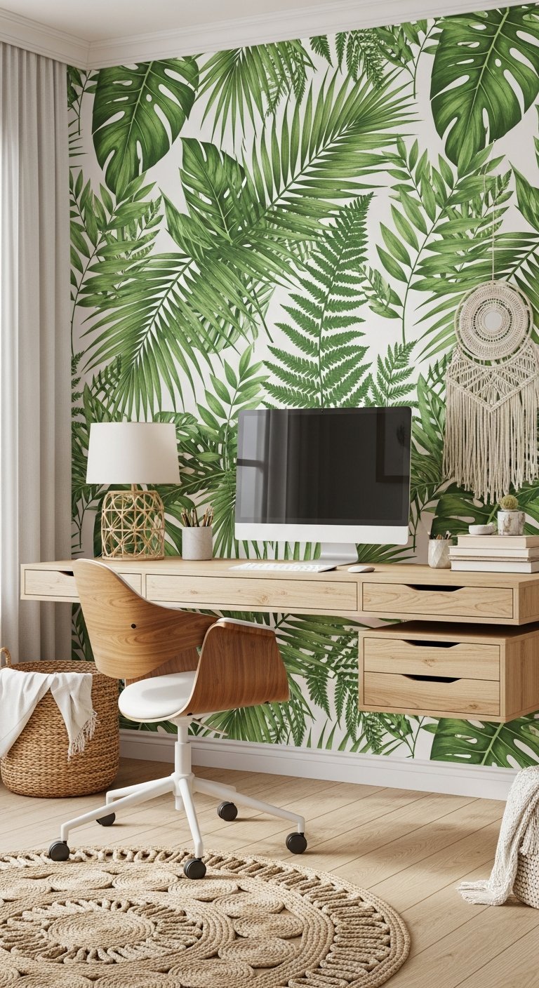 Bureau de travail à la maison avec papier peint jungle tropicale