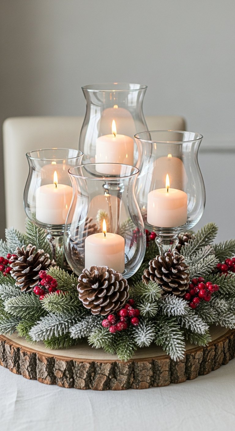 Centre de table de Noel avec bougies pommes de pin et baies